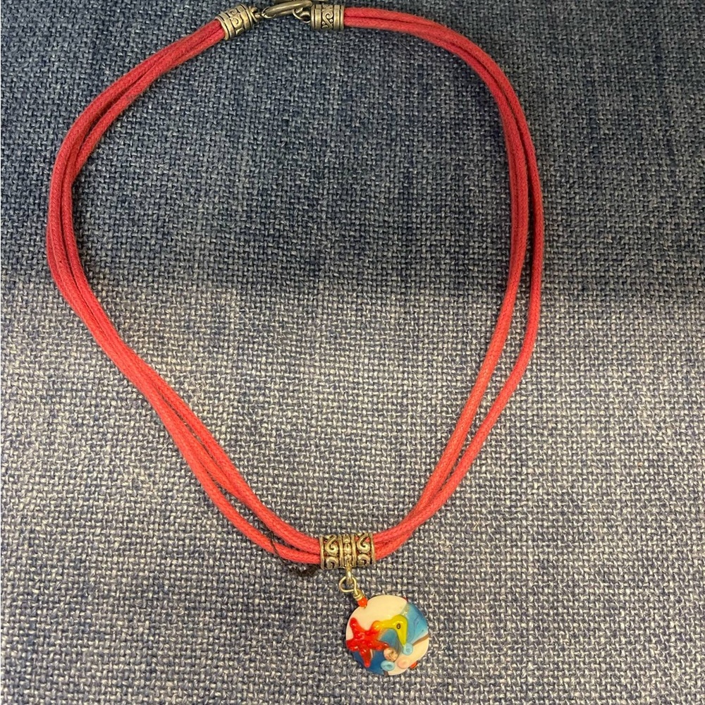 Red Cord Necklace with Colorful Beach Glass Pendant